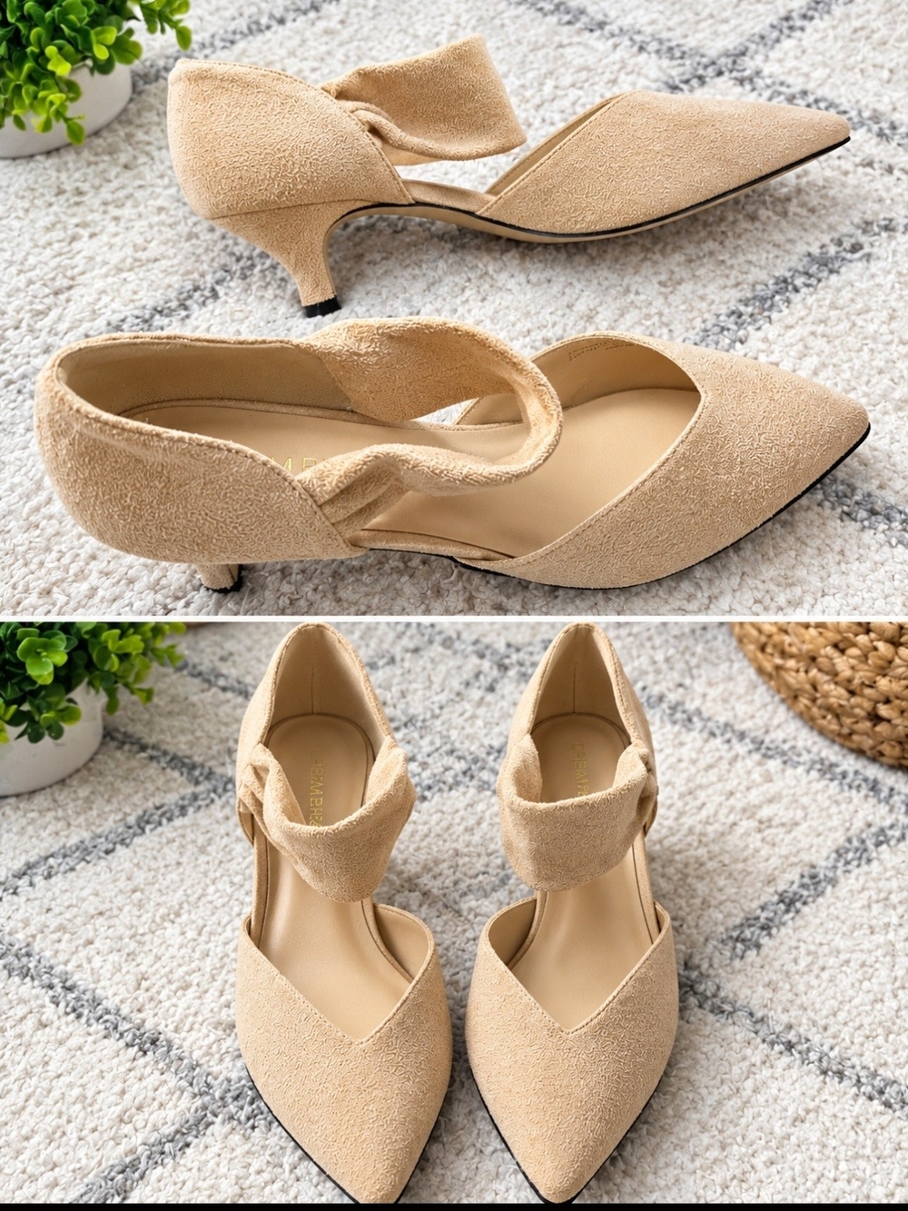 Womens Taupe Suede Pointed-Toe Kitten Heels with Ankle Bow